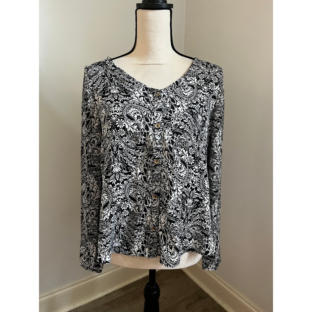 Black Paisley Buttoned Blouse Small Split Back Boho Chic Flowy Whimsigoth Office